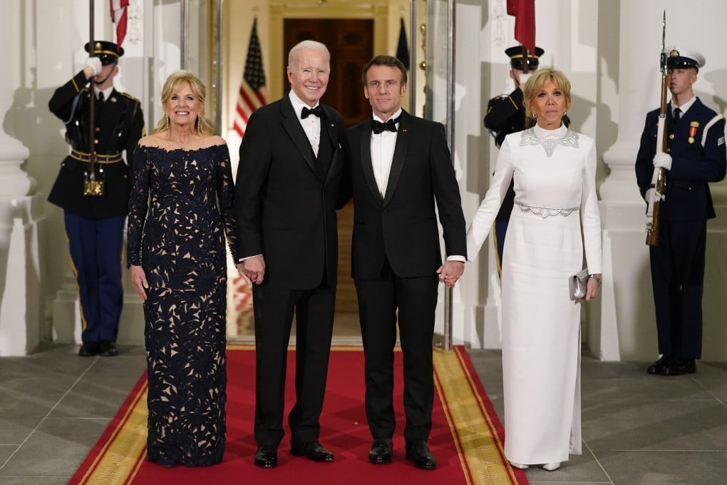 President Joe Biden and first lady Jill Biden pose for photos with French President Emmanuel Macron and his wife Brigitte Macron on the North Portico of the White House. Photo: AP