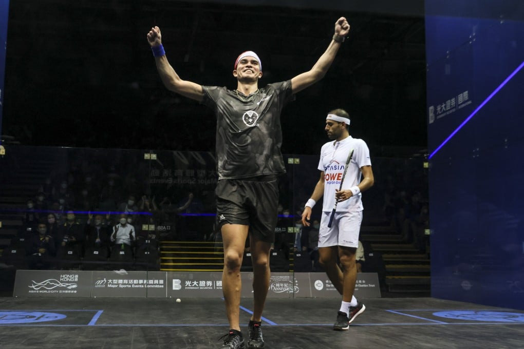 Diego Elias celebrates his win over Mohamed ElShorbagy at the Hong Kong Squash Open. Photo: Dickson Lee