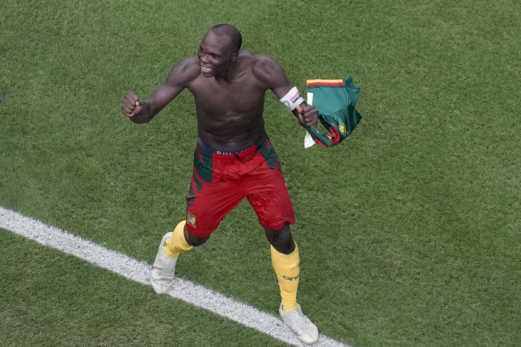 Cameroon’s Vincent Aboubakar celebrates after scoring the opening goal during the World Cup Group G match against Brazil at Lusail Stadium on Friday. Photo: AP