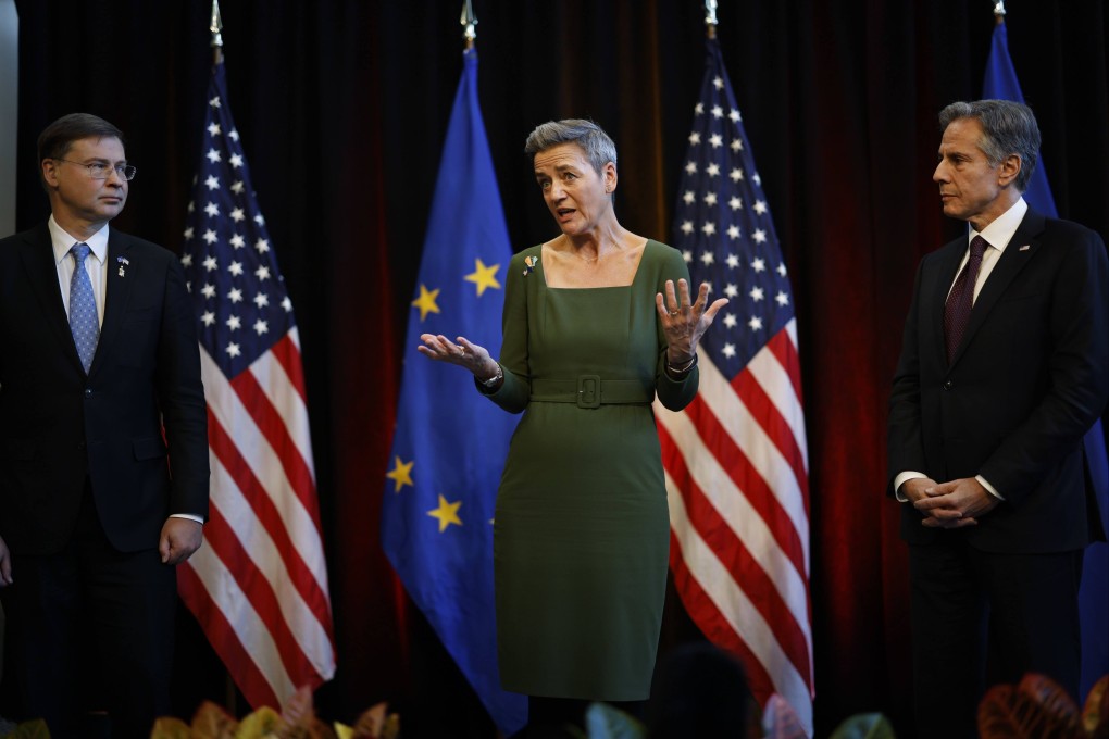 European Commissioner for Competition Margrethe Vestager speaks at a news conference with US Secretary of State Antony Blinken (right) and EU Trade Commissioner Valdis Dombrovskis during the US-EU Trade and Technology Council meeting in College Park, Maryland, on Monday. Photo: Bloomberg
