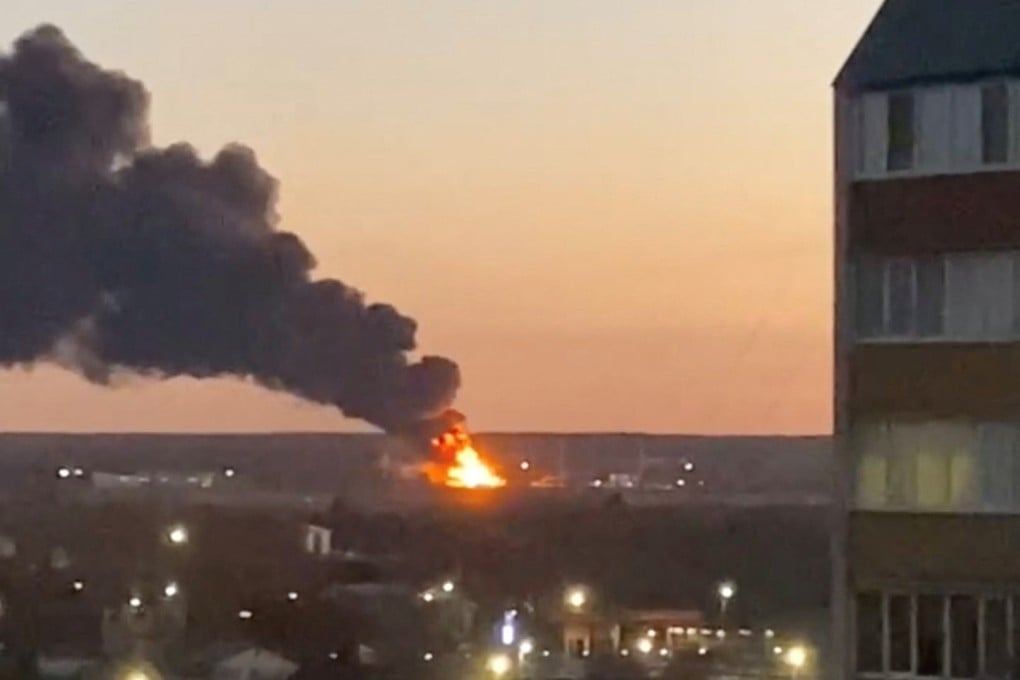 Russian media footage shows the aftermath of an alleged drone attack on an airfield in the Russian region of Kursk on Tuesday. Photo: Ostorozhno Novosti via Reuters