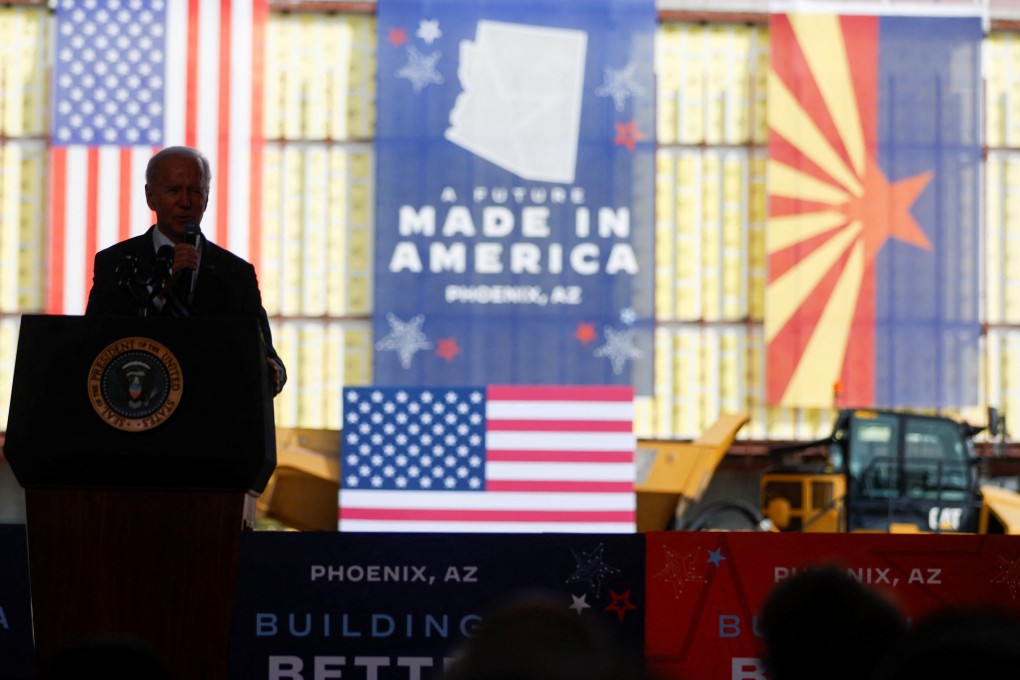 US President Joe Biden delivering remarks during a visit on Tuesday to TSMC’s semiconductor fabrication plant in Phoenix, Arizona. Photo: Reuters