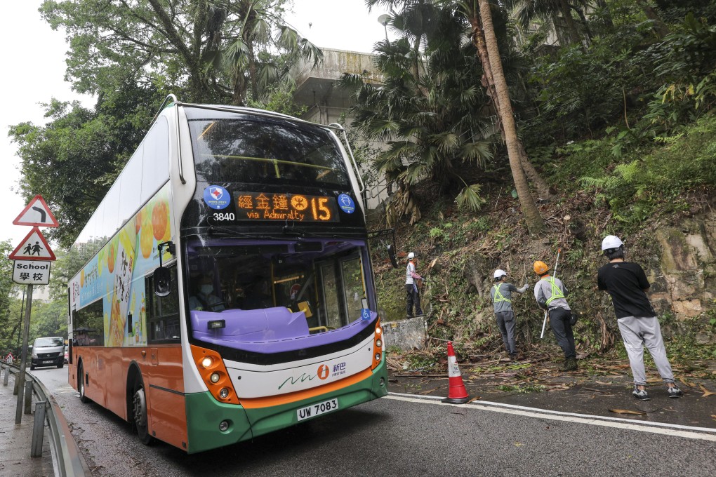 Workers clean up on October 18 after a tree falls on Peak Road. Seven passengers were injured when a tree fell on a bus travelling on The Peak as Hong Kong felt the effects of Typhoon Nesat. Photo: Jelly Tse
