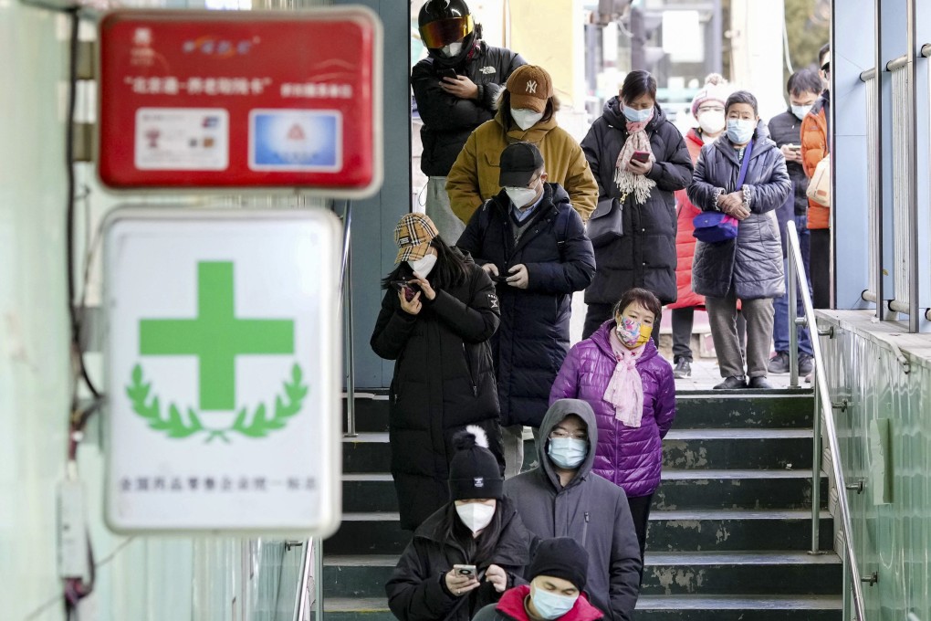 People form a long line at a pharmacy in Beijing on Thursday, bracing for a possible surge in Covid-19. Photo: Kyodo
