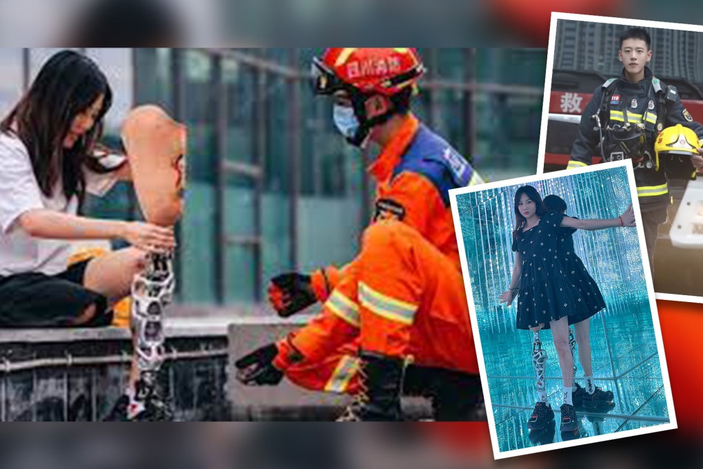 True romance: love has blossomed between a Chinese woman who wears an artificial leg and the firefighter who came to her rescue, delighting netizens. Photo: SCMP composite