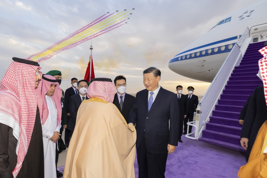Chinese President Xi Jinping’s arrival in Saudi Arabia on Wednesday was marked by an aerobatic display and other honours. Photo: EPA-EFE