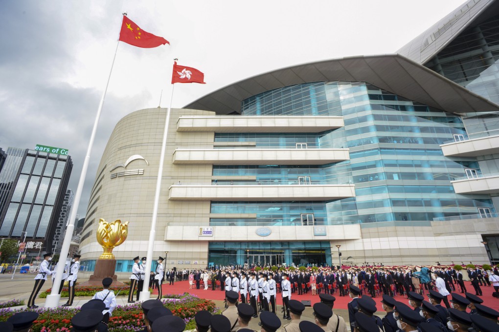 The flag-raising ceremony to celebrate the 25th anniversary of the establishment of the Hong Kong SAR, at Golden Bauhinia Square on July 1. Photo: Information Services Department of the Hong Kong government