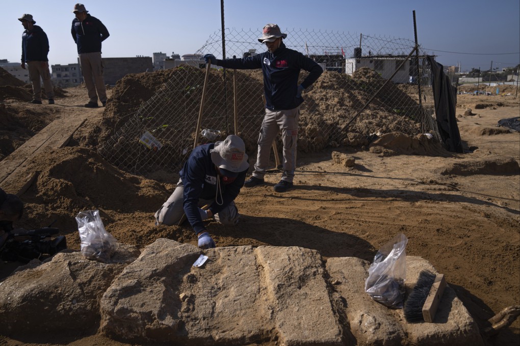 A Palestinian excavation team works in a newly discovered Roman-era cemetery in the Gaza Strip on Sunday. Photo: AP