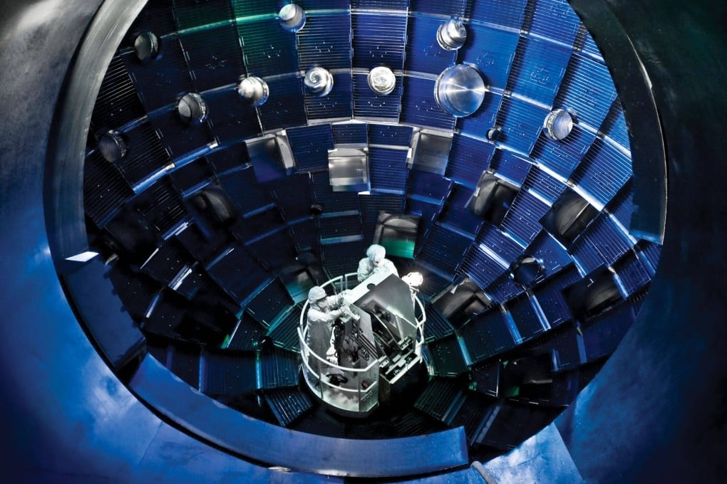 A lift allows technicians to access the target chamber interior for inspection and maintenance at the Lawrence Livermore National Laboratory in Livermore, California. Photo: Lawrence Livermore National Laboratory via AFP