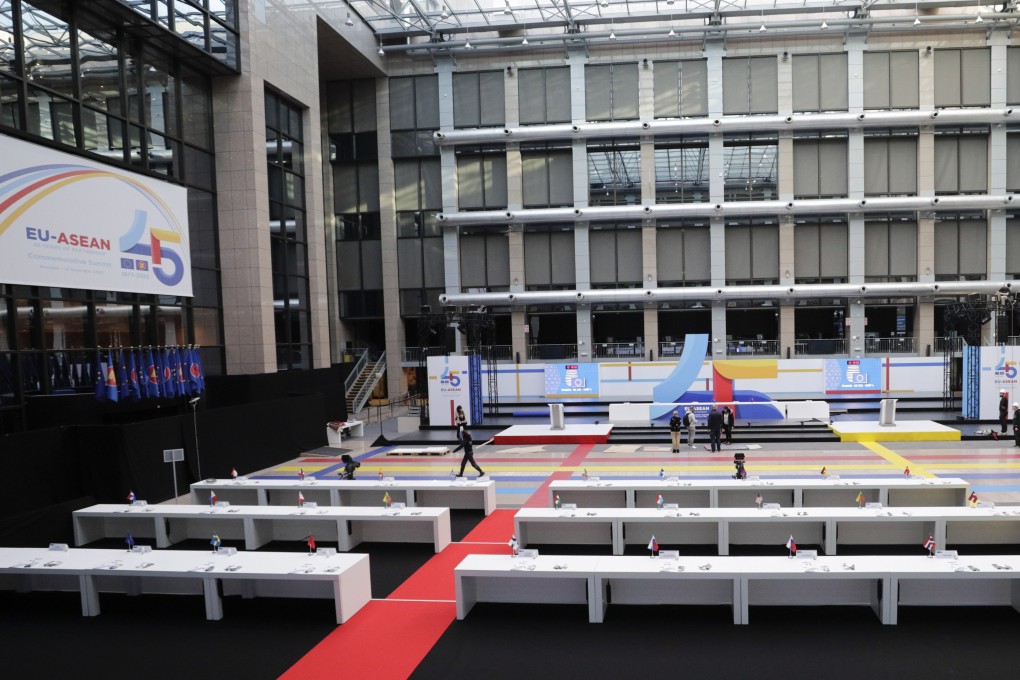 The European Council Atrium, ahead of an EU-Asean summit in Brussels, the first between leaders of EU and Aseanmember states. Photo: EPA-EFE