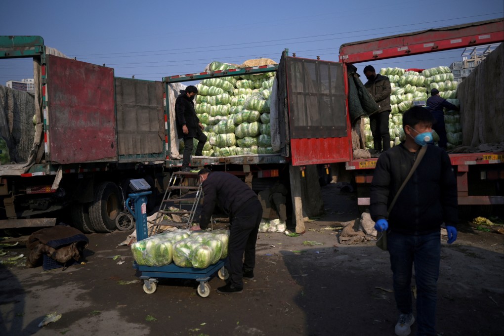 People move cabbages at a wholesale market for agricultural products in Beijing on February 19, 2020. Photo: Reuters
