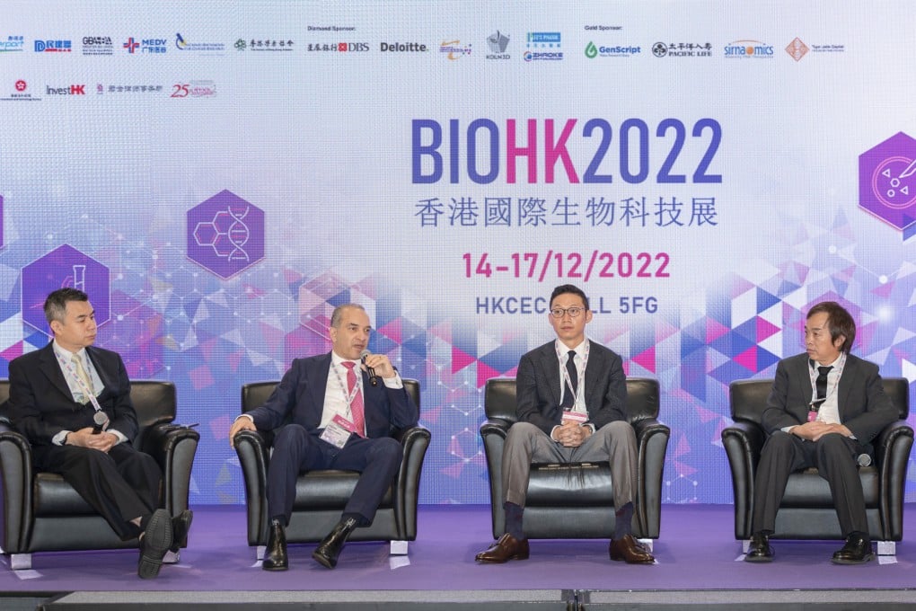 From left, Bin Li of Lake Bleu Capital, Vijay Karwal of AffaMed Therapeutics, Donald Lung, CFO of Antengene and Yinxiang Wang, chairman and CEO of Jacobio Pharma, take part in a panel discussion on ‘Capital Market for Healthcare Post Pandemic’ at BIOHK2022 on Thursday. Photo: Handout
