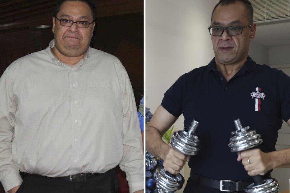 Gill Mahtani in 2011 when he weighed 180kg and in December 2022. A financial consultant in Hong Kong, he used juice fasts and a semi-keto diet to shed 100kg. Photo: Gill Mahtani/Yik Yeung-man