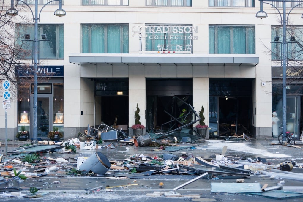 The street outside a hotel after a leak of the AquaDom aquarium in central Berlin near Alexanderplatz, Germany. Photo: Reuters