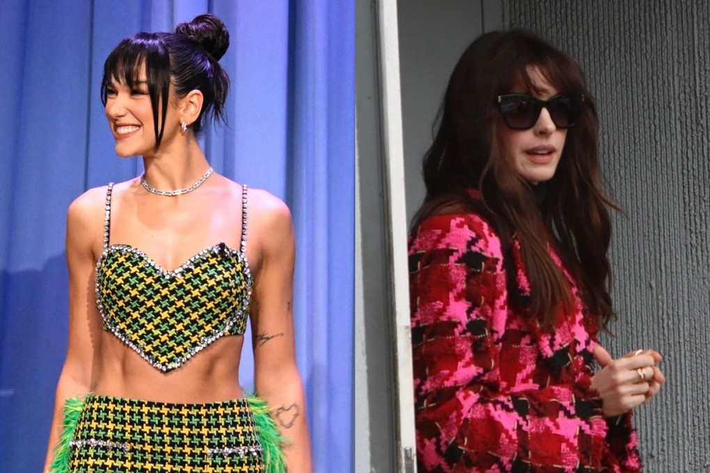 The houndstooth pattern is a timeless, iconic print and has fans in major fashion houses and stars like Anne Hathaway (right) and Dua Lipa.