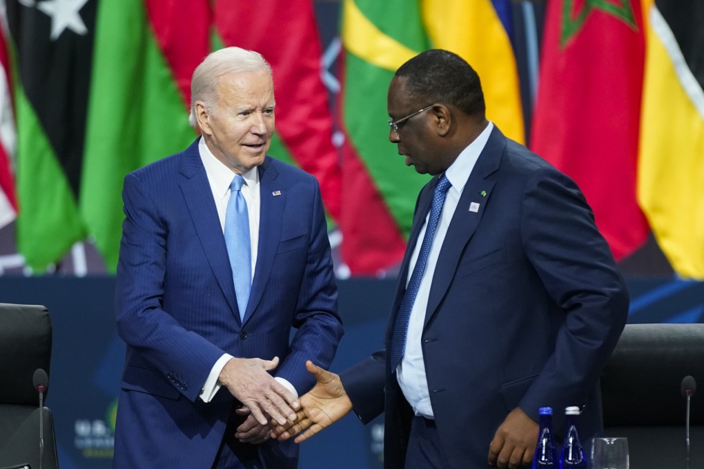 US President Joe Biden shakes hands with Senegal’s President Macky Sall at a US-Africa summit event in Washington on Thursday. Photo: AP