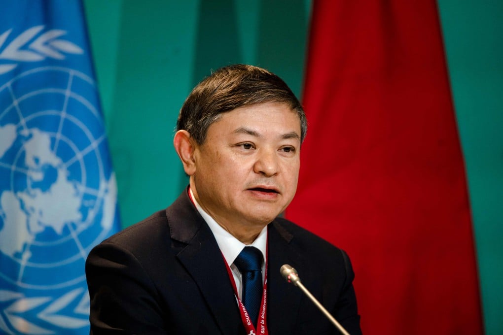 Huang Runqiu, China’s environment minister, speaks at COP15 in Montreal, Quebec, Canada on Saturday. Photo: AFP