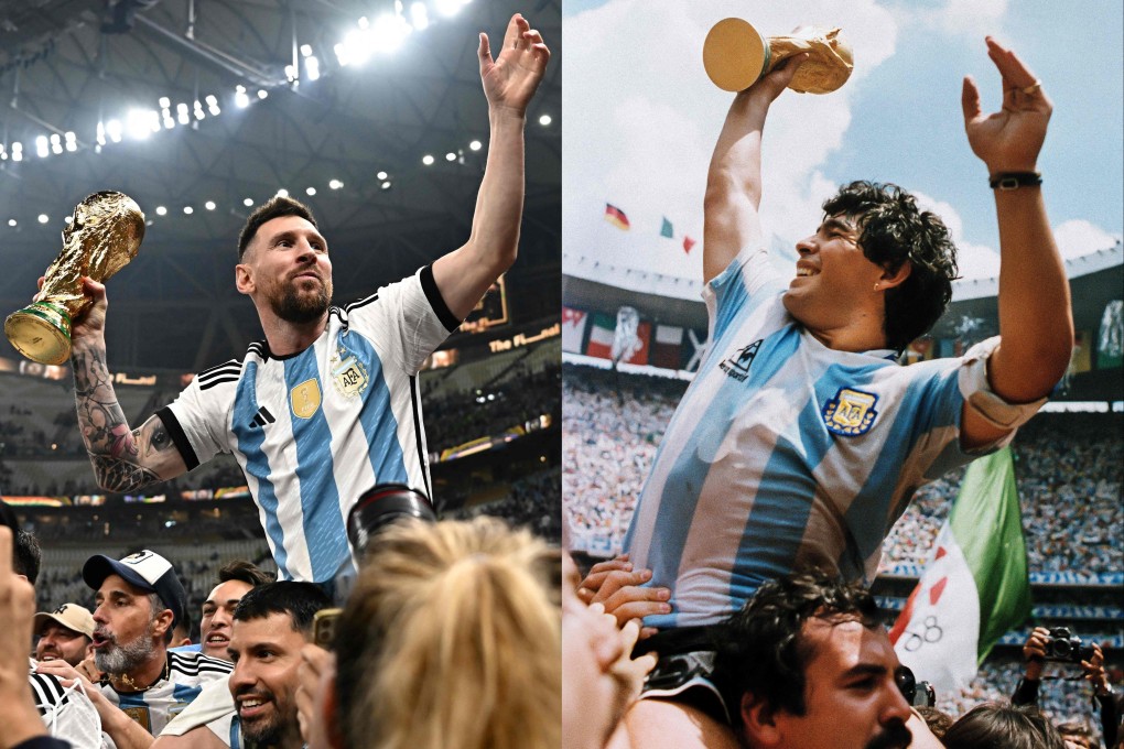 This combination of pictures shows Argentina’s forward Lionel Messi (left) holding the World Cup trophy after beating France during the Qatar 2022 World Cup final football match on Sunday and Argentina’s captain Diego Armando Maradona (right) holding the trophy won by his team after a 3-2 victory over West Germany on June 29, 1986 at the Azteca Stadium in Mexico City. Photo: AFP