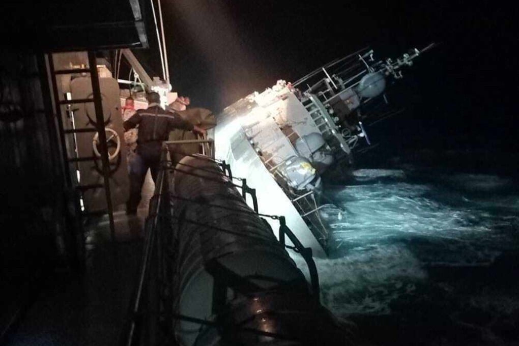 The HTMS Sukhothai leans on its side as its sinks off the coast of Thailand’s Prachuap Khiri Khan province late on Sunday night. Photo: Royal Thai Navy via AP