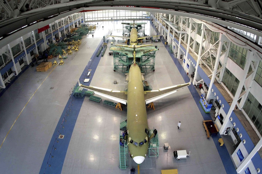China’s domestically made ARJ21 jetliner is seen being manufactured in Shanghai. Photo: AP