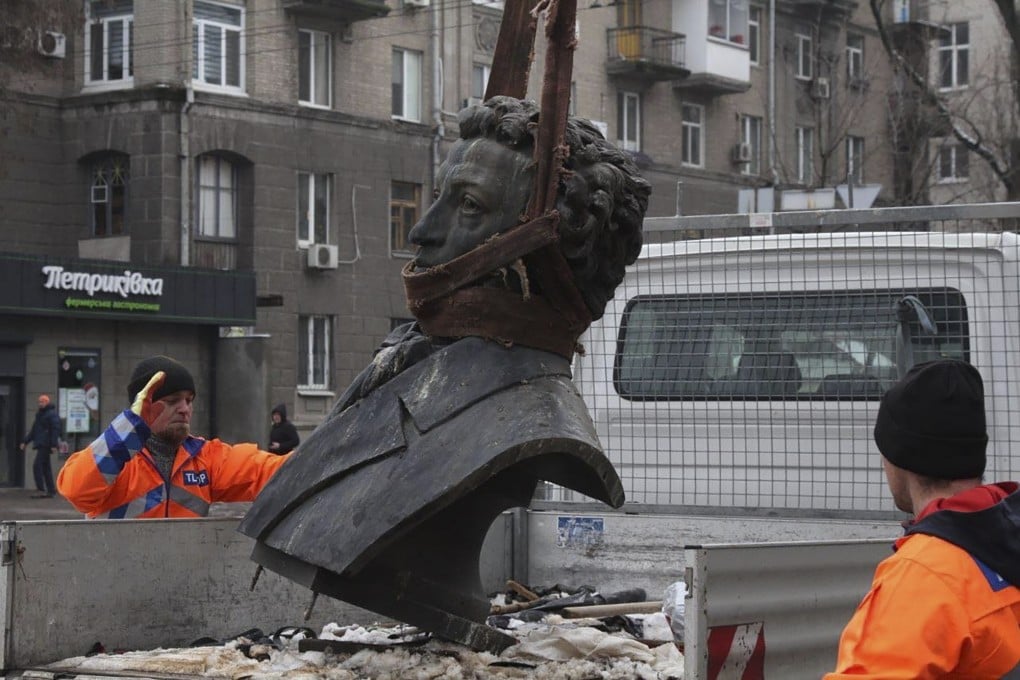 A statue of Russian writer Alexander Pushkin is dismantled in Dnipro, Ukraine, earlier this month. The nation is accelerating efforts to erase the vestiges of centuries of Soviet and Russian influence. Photo: via AP