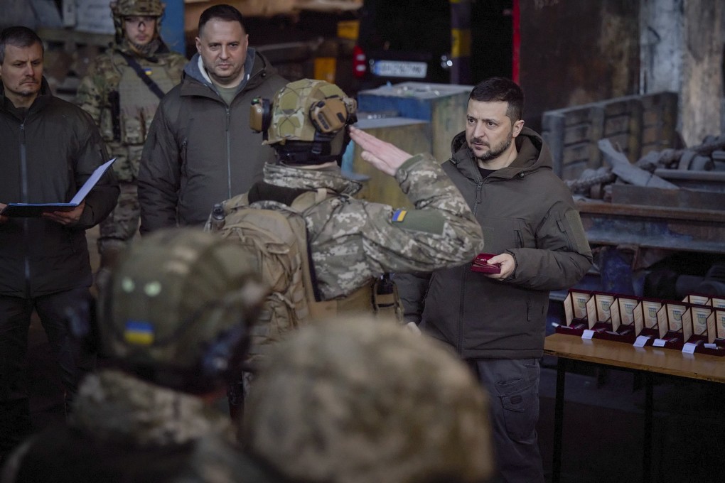 Ukraine’s President Volodymyr Zelensky during his visit to Bakhmut on Tuesday. Photo: via EPA-EFE