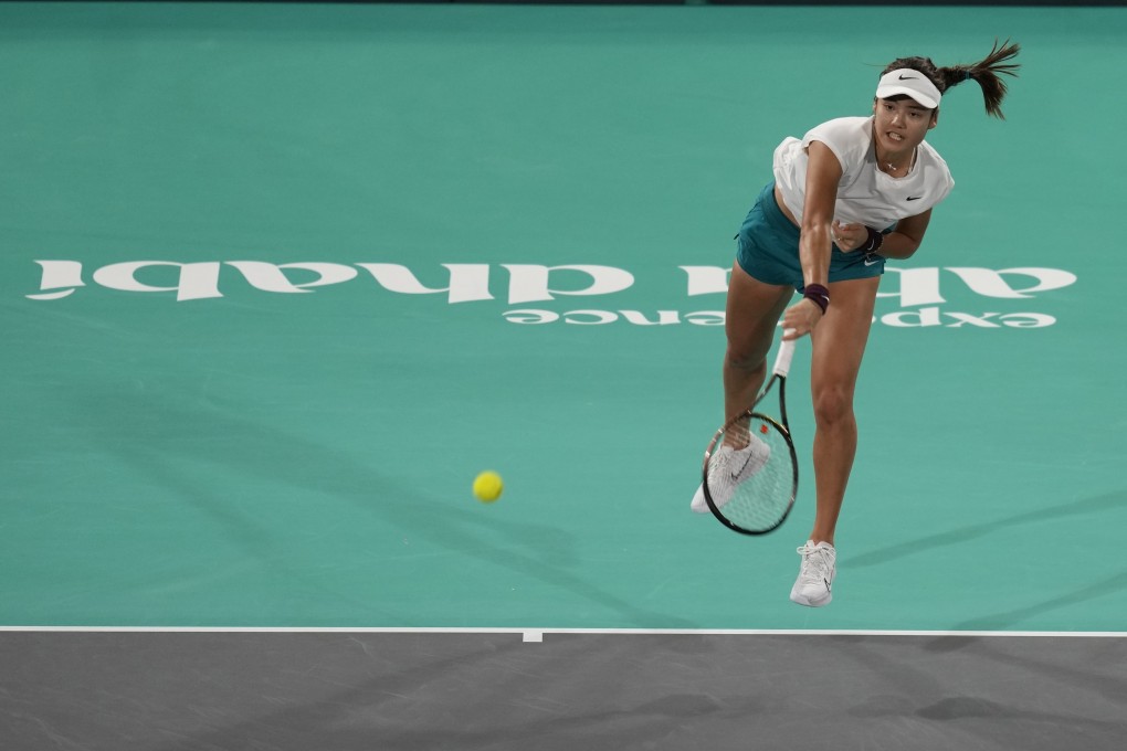Emma Raducanu of Britain serves against Ons Jabeur during the Mubadala World Tennis Championship in Abu Dhabi. Photo: AP