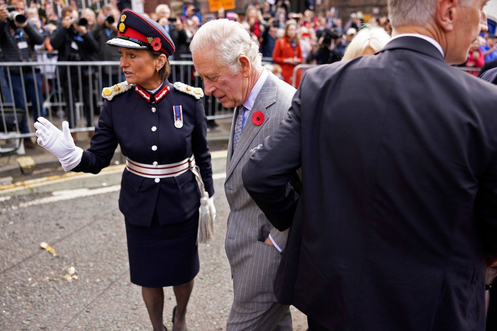 Britain’s King Charles reacts after an egg was thrown in his direction during a ceremony in York, northern England in November. A 23-year-old man was charged on Monday with threatening behaviour. Photo: AFP