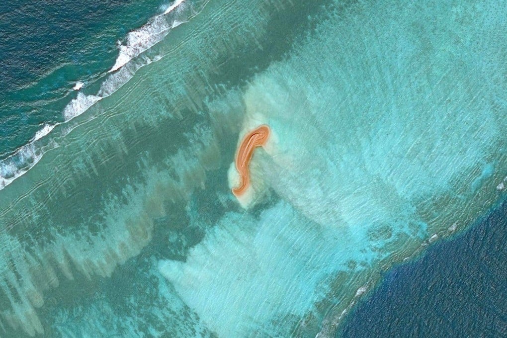 A satellite image of Eldad Reef in the Spratly Islands taken on Wednesday. Photo: Maxar Technologies Handout via AFP