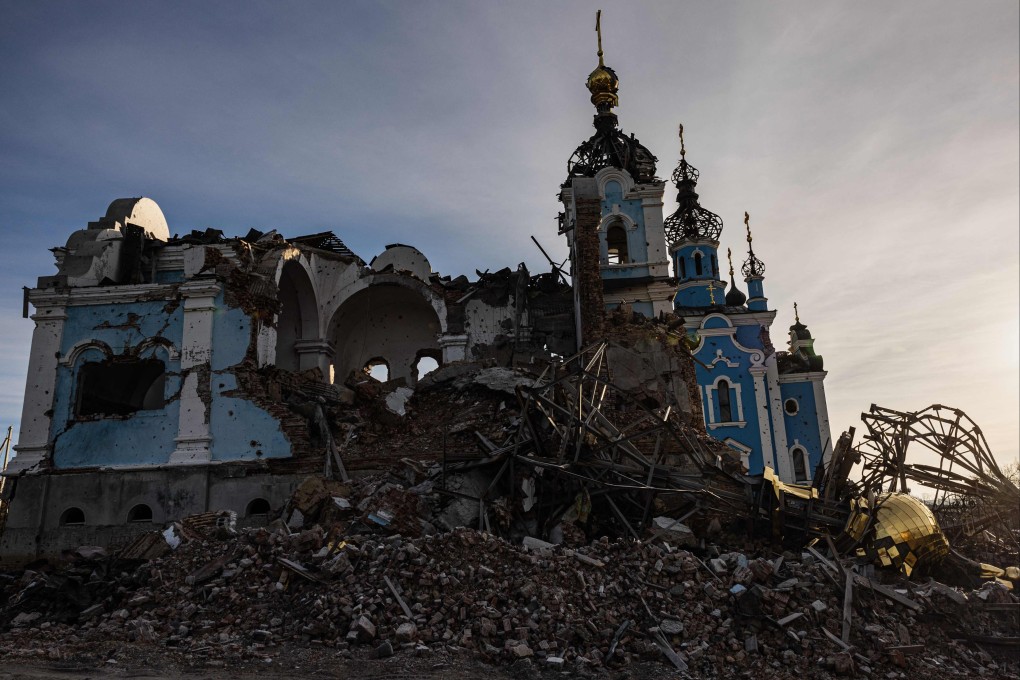 The remains of a destroyed church in the village of Bohorodychne, eastern Ukraine, on Tuesday. Photo: AFP