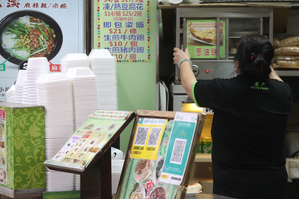 Takeout packaging is piled high at a shop in Wan Chai. The ADM Capital Foundation’s 2019 report on Hong Kong’s takeout packaging estimated that 3.9 billion single-use takeout items were used and discarded in that year alone. Photo: Edmond So