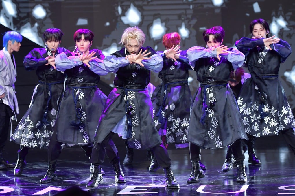 Oneus and back-up dancers on stage at the launch of their mini-album “Blood Moon” in 2021. The group begin a US tour in January. Photo: The Chosunilbo/JNS/Imazins via Getty Images