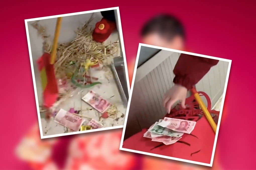 A woman in China sweeping the floor 3 days after her wedding is surprised to find banknotes left everywhere as a traditional blessing. Photo: SCMP composite/handout