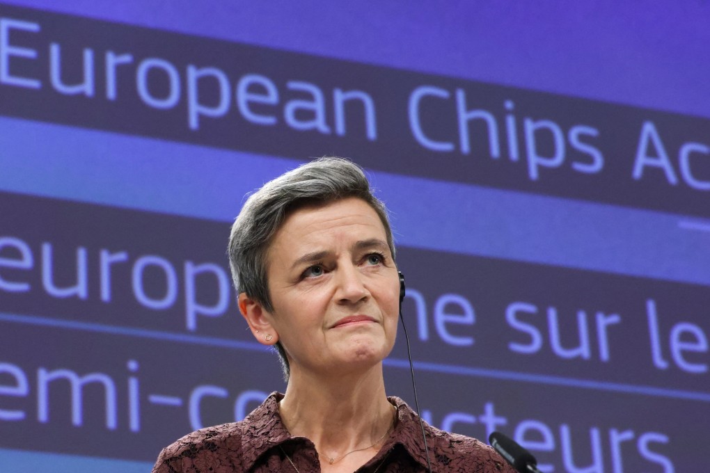 European Commission Vice-President Margrethe Vestager is seen at a news conference on the European Chips Act, a plan to boost the chip industry in which Taiwan features prominently, in Brussels, Belgium, on February 8. Photo: Reuters