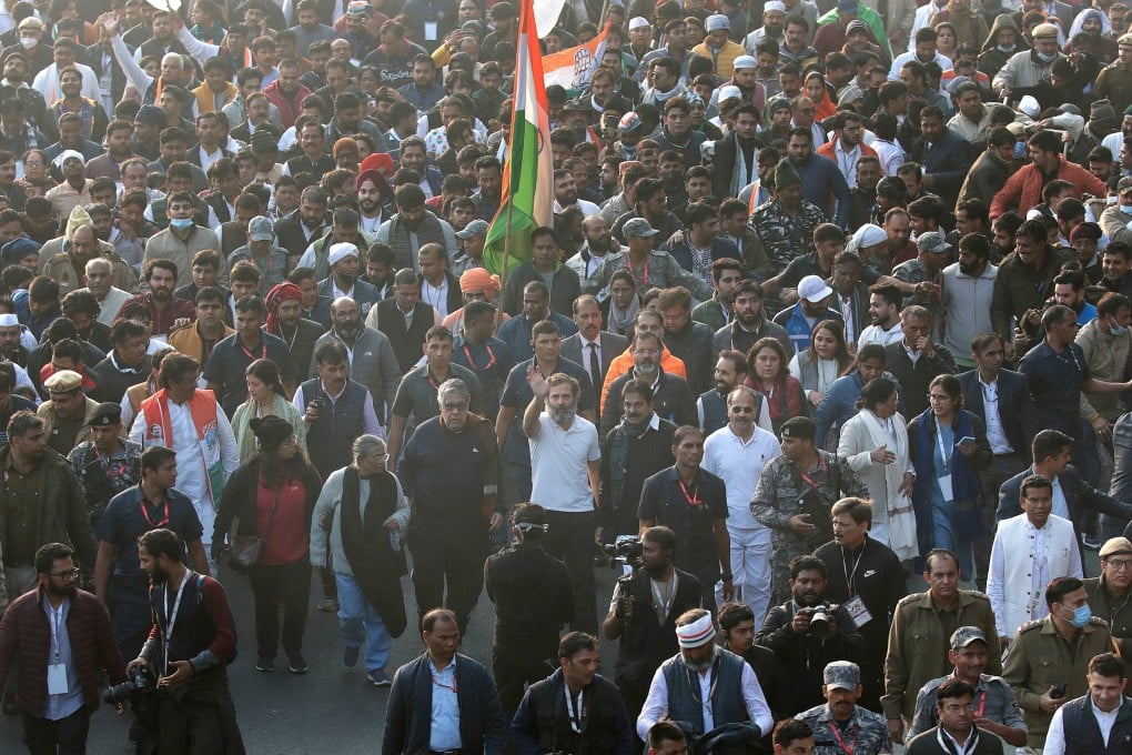 India’s main opposition Congress party senior leader Rahul Gandhi (centre, in white shirt) waves during the “Bharat Jodo Yatra”, or “Unite India March”, in New Delhi on Saturday. Photo: EPA-EFE