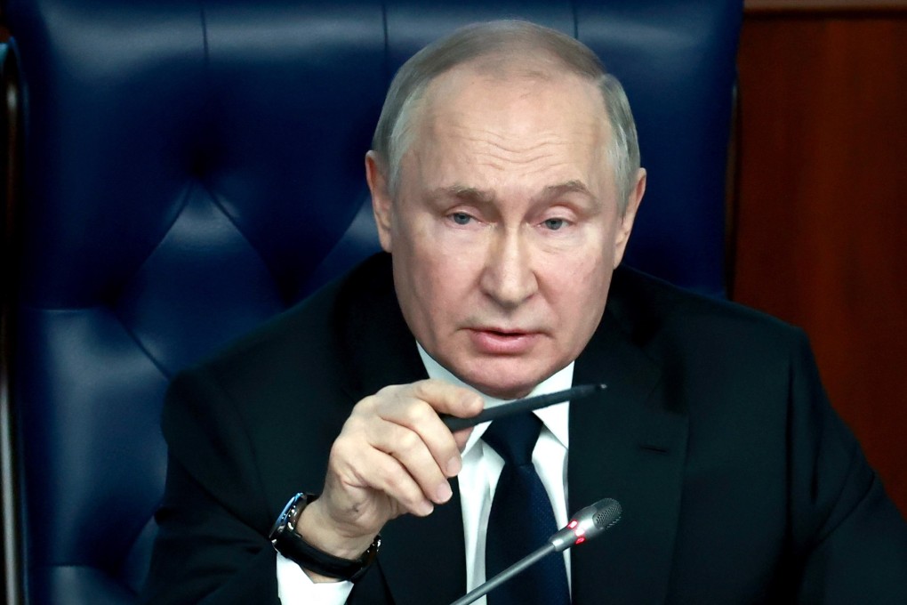 Russian President Vladimir Putin speaks during an expanded meeting of the Russian Defence Ministry Board in Moscow on Wednesday. Photo: EPA-EFE