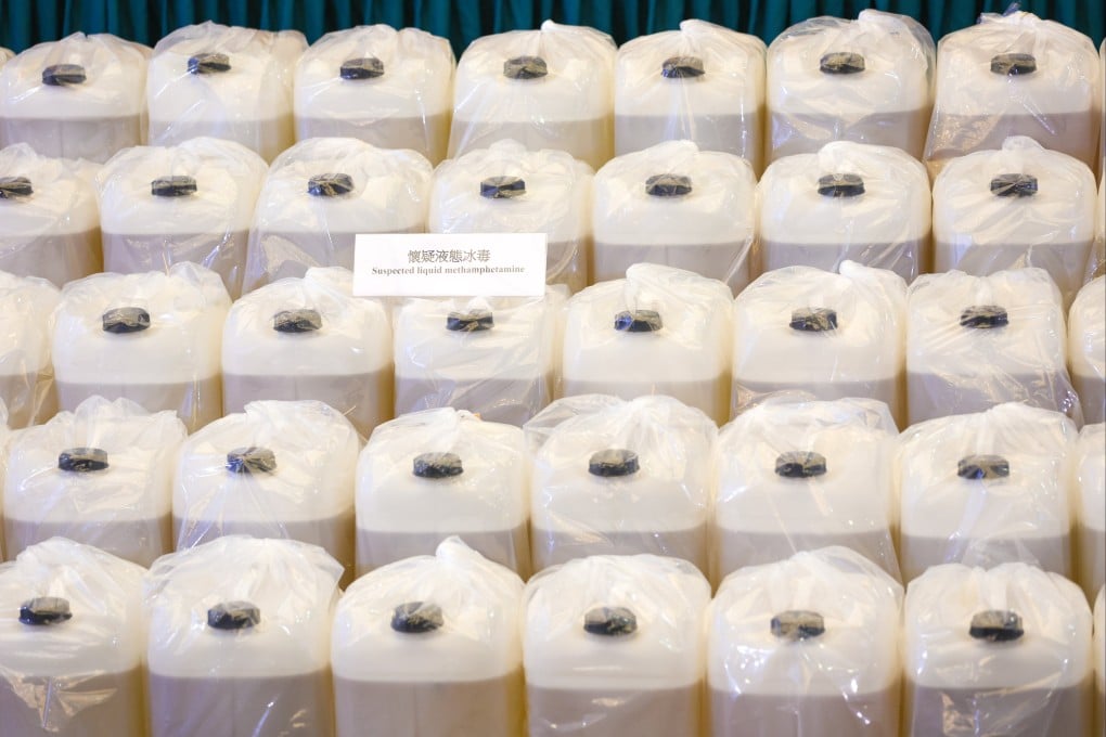 Hong Kong customs displays HK$1.1 billion worth of liquid methamphetamine, disguised as cartons of coconut water. Photo: Yik Yeung-man