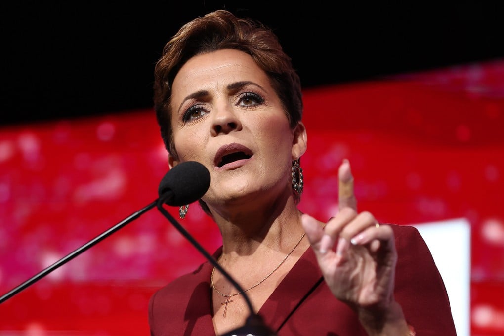 Arizona Republican gubernatorial nominee Kari Lake speaks to supporters during her election night event in Scottsdale, Arizona, in November. Photo: TNS