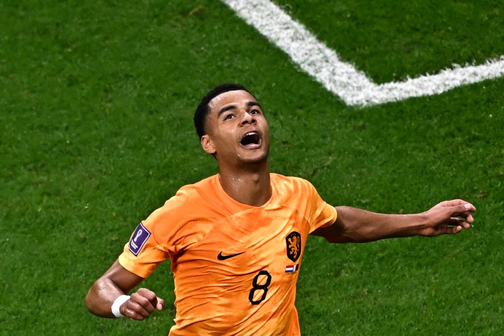 Netherlands’ forward Cody Gakpo celebrates scoringagainst Qatar at the Al-Bayt Stadium. Photo: AFP