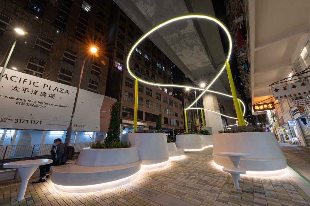 The ribbon of light from the overhead fitting at this pocket park in Shek Tong Tsui on Hong Kong Island adds drama to the renovated urban space at night. The sitting out area under the Hill Road flyover is the third of four Design Trust micro-parks. Photo: Design Trust