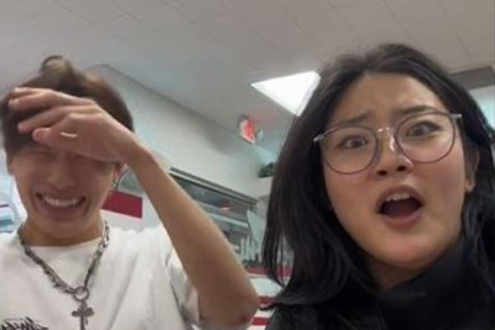 Arine Kim (right) and her male friend react to racist and homophobic comments directed at them by a man at an In-N-Out Burger restaurant. Photo: TikTok