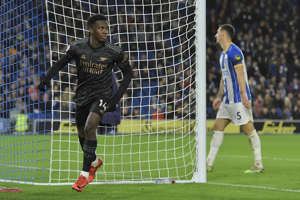 Eddie Nketiah of Arsenal celebrates scoring his side’s third goal at Brighton. Photo: EPA-EFE