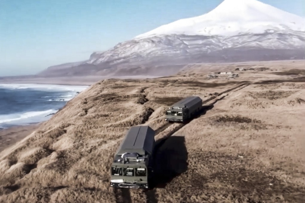 Russian missile launchers move into position on Matua Island, part of the Kurils Islands chain, in 2021. Photo: Russian Defence Ministry Press Service Handout via AP