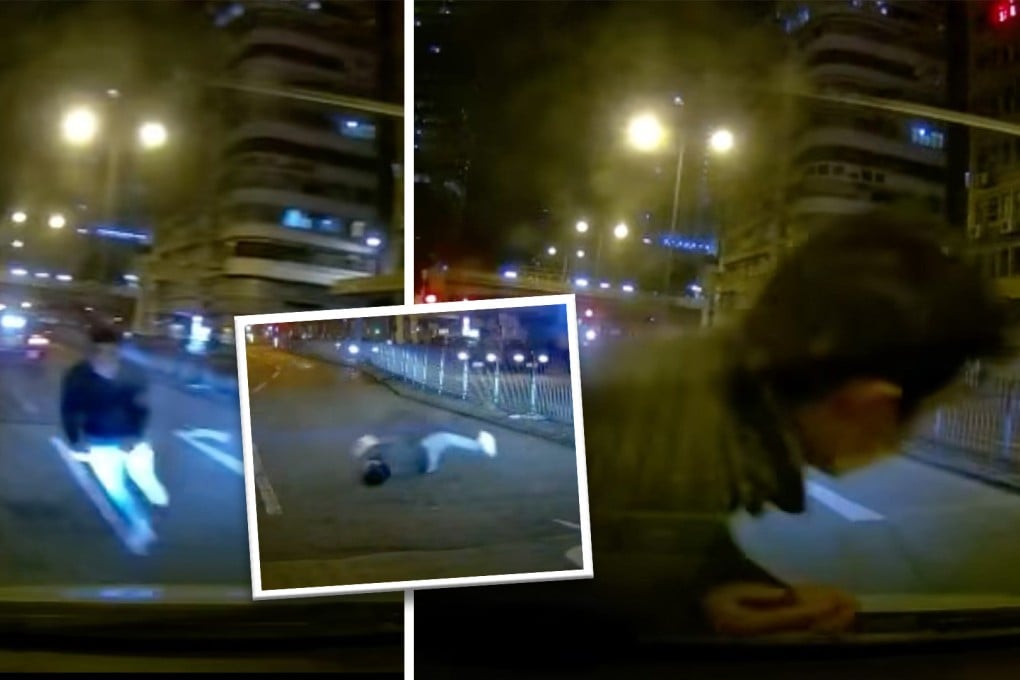 Dashcam footage shows the man leaping onto the bonnet of the moving car and rolling about on the street before fleeing the scene. Photo: SCMP Composite
