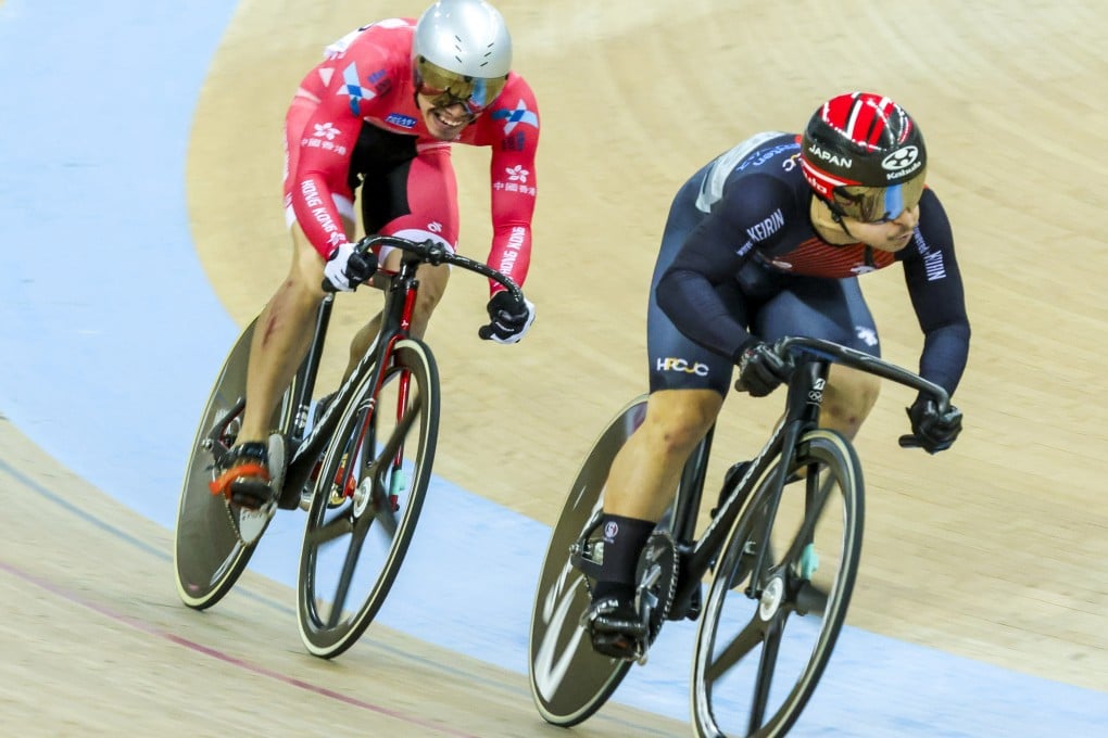 Hong Kong’s Law Tsz-chun (left) pursues Matsui Koyu of Japan in the sprint at the 2021 Nations Cup in Tseung Kwan O. Photo: May Tse