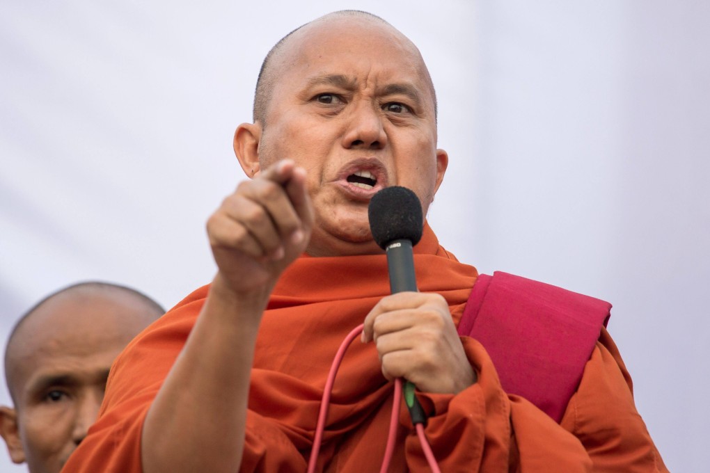 Buddhist monk Wirathu speaks during a rally in Yangon to show support to the Myanmar military in 2019. Photo: AFP