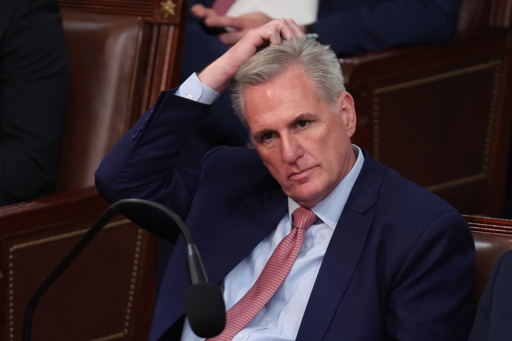 US House Minority Leader Kevin McCarthy reacts as Representatives cast their votes for Speaker of the House on the first day of the 118th Congress in Washington on Tuesday. Photo: TNS