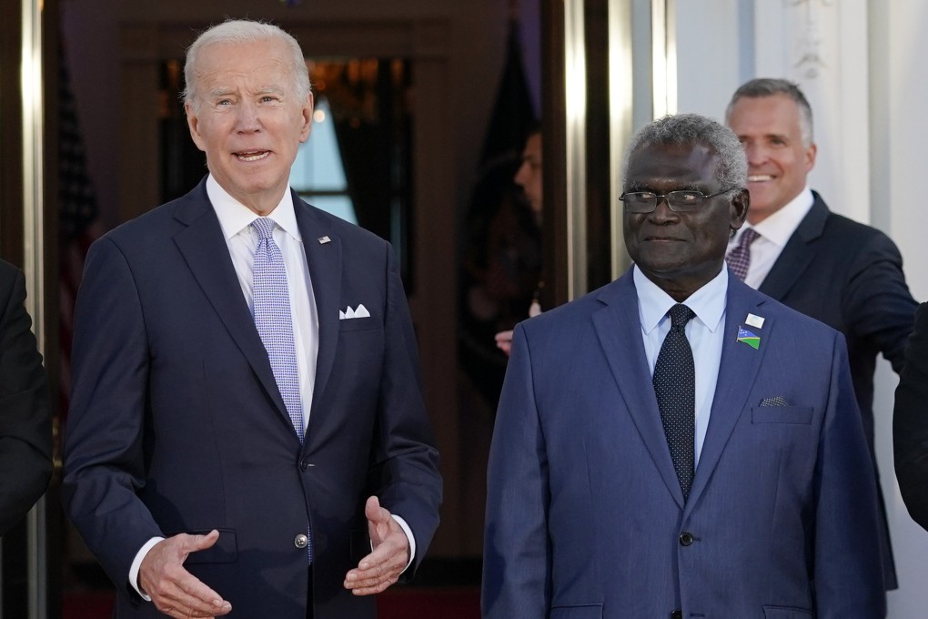 US President Joe Biden poses for photos with Pacific Island leaders, including Solomon Islands Prime Minister Manasseh Sogavare (right) at the White House in September 2022. Photo: AP