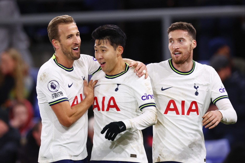 Tottenham Hotspur’s Son Heung-min (centre) celebrates scoring his side’s fourth goal with Harry Kane (left) and Matt Doherty. Photo: Reuters