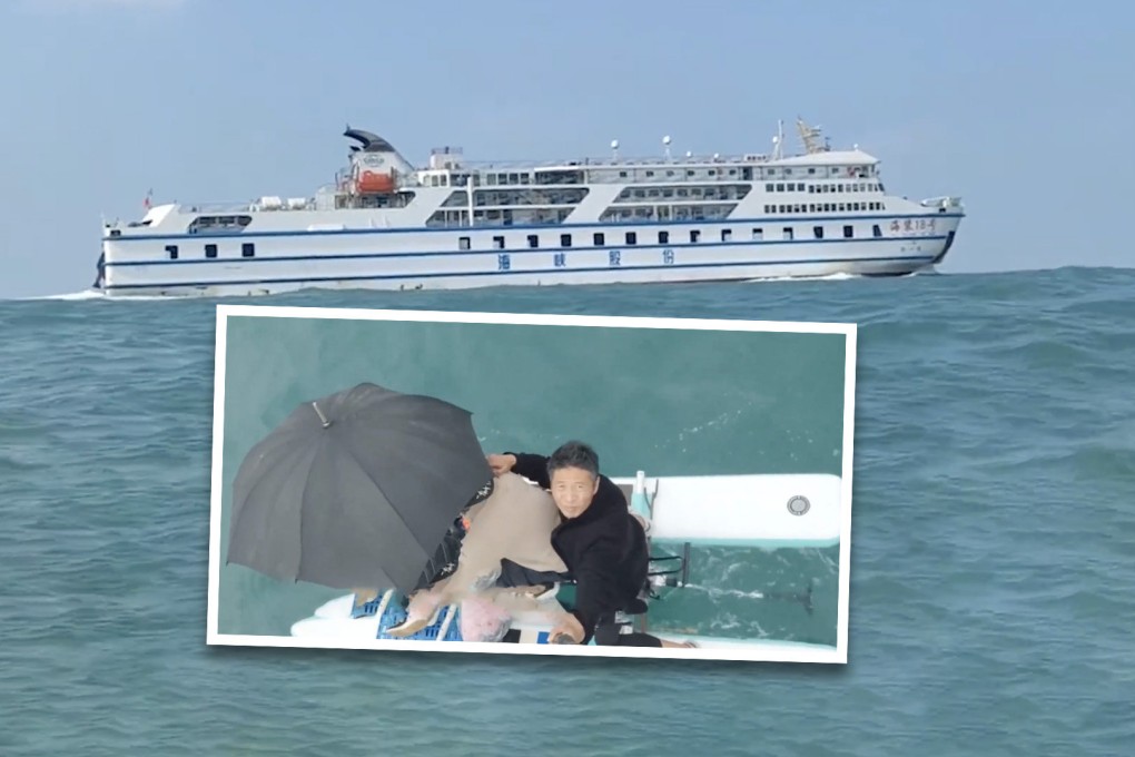Mainland social media users have been alarmed by a video of two men using a fragile looking hydrocycle to pedal across the open ocean without life jackets because they did not want to pay for the ferry. Photo: SCMP composite/Handout
